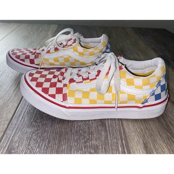 Vans Off The Wall Youth US Size 1 Red Yellow Blue Checkerboard Shoes Old Skool - Picture 5 of 10